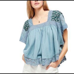 Free people Prairie Days embroidered crochet knit cotton Top medium new